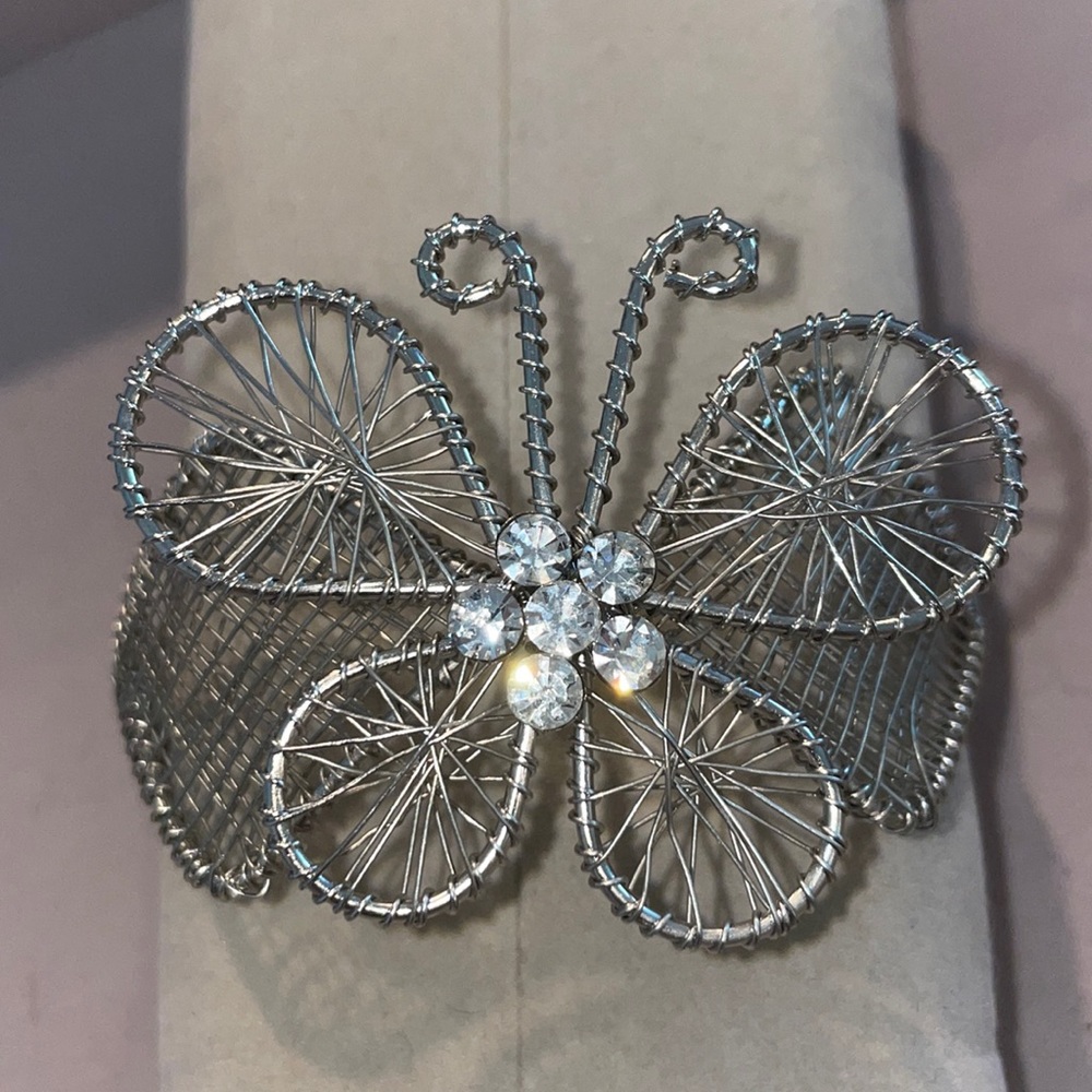 Metal Woven Butterfly Cuff Faux Diamond Bracelet Adjustable Artist